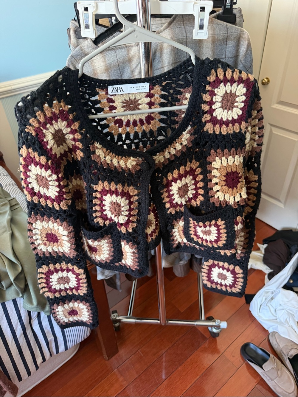 Zara Black Crochet Patchwork Cardigan with Cream, Tan and Burgundy Motifs